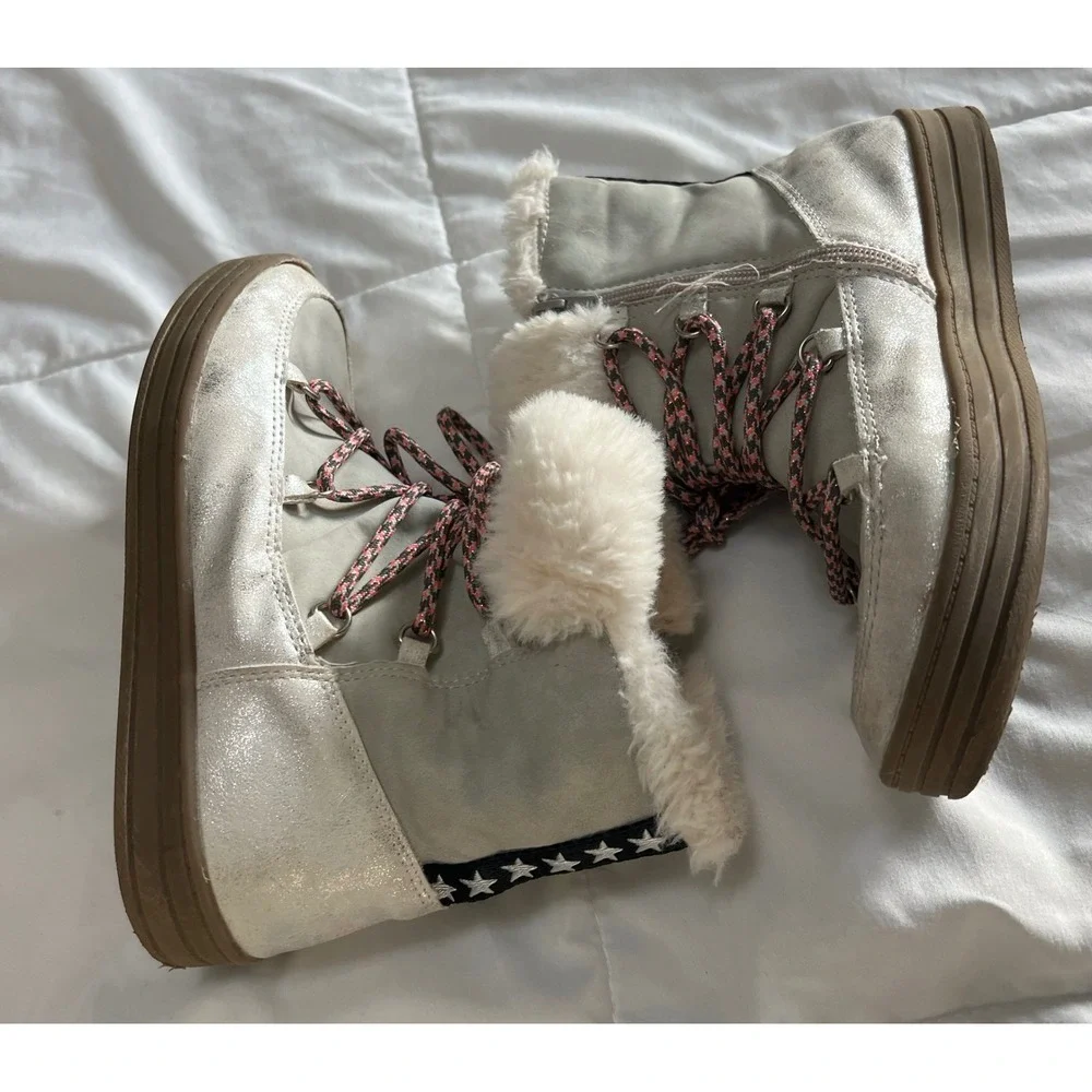 SPROX Kids Cozy Fur Lined Snow Boots Gray Pink Laces‎ Stars Side Zip